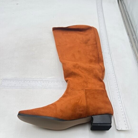 Women Square Toe Knee High Boot Wide Calf Low Chunky Heel Flat Long Boot Orange - Picture 2 of 7